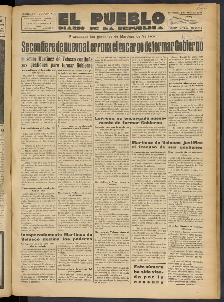 Miniatura de El Pueblo (Huesca. 1932) del 3 de abril de 1935
