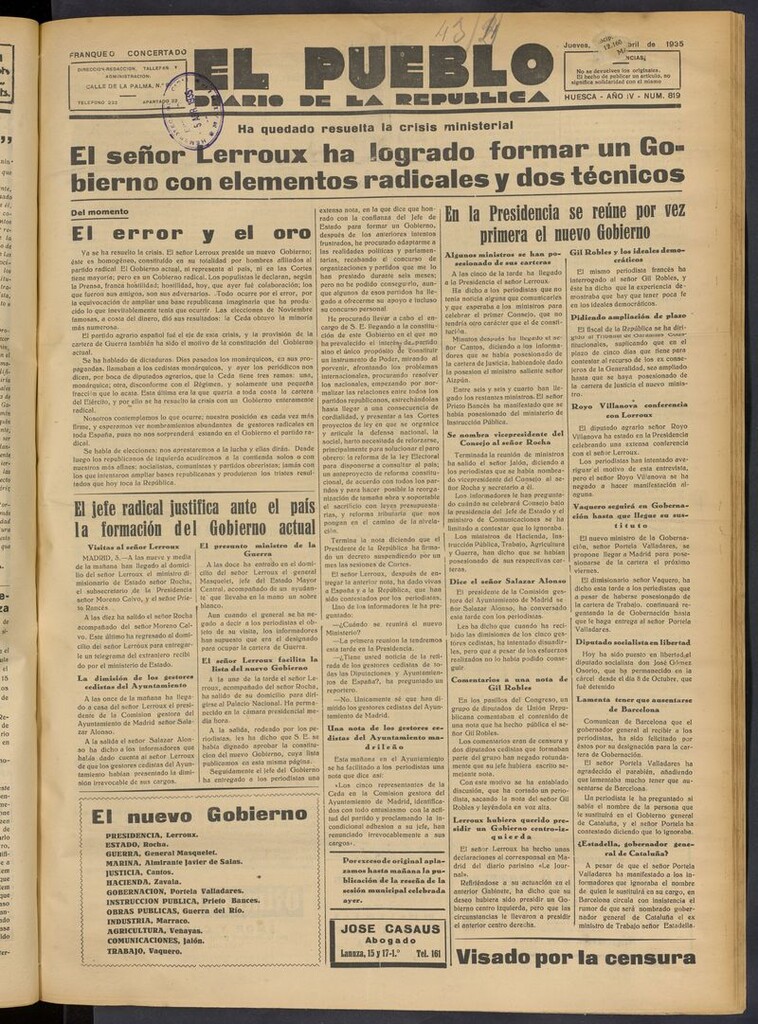 Miniatura de El Pueblo (Huesca. 1932) del 4 de abril de 1935