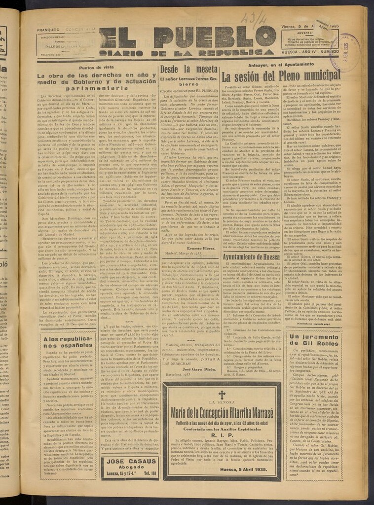 Miniatura de El Pueblo (Huesca. 1932) del 5 de abril de 1935