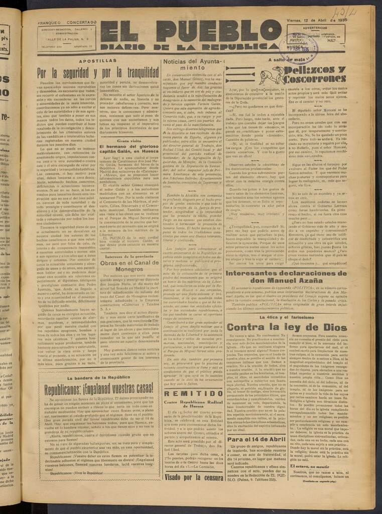 Miniatura de El Pueblo (Huesca. 1932) del 12 de abril de 1935
