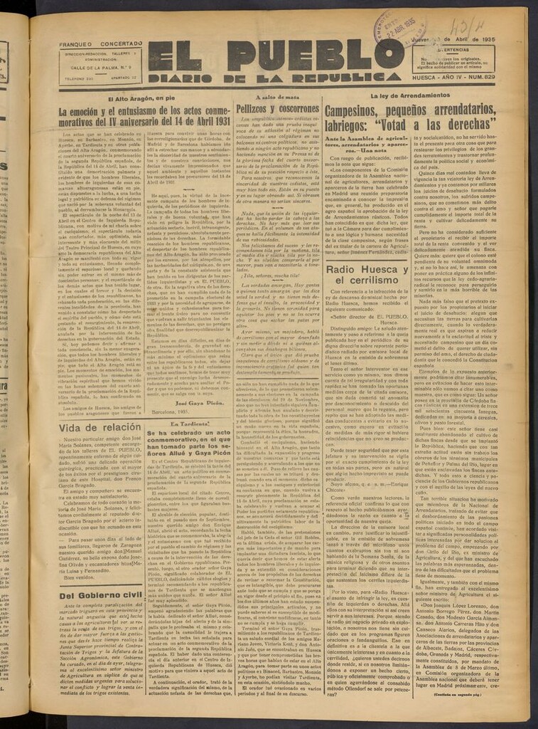 Miniatura de El Pueblo (Huesca. 1932) del 18 de abril de 1935