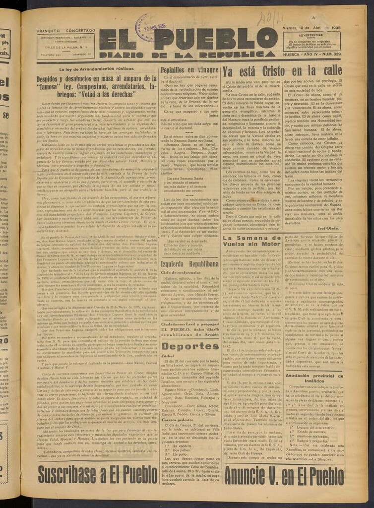 Miniatura de El Pueblo (Huesca. 1932) del 19 de abril de 1935