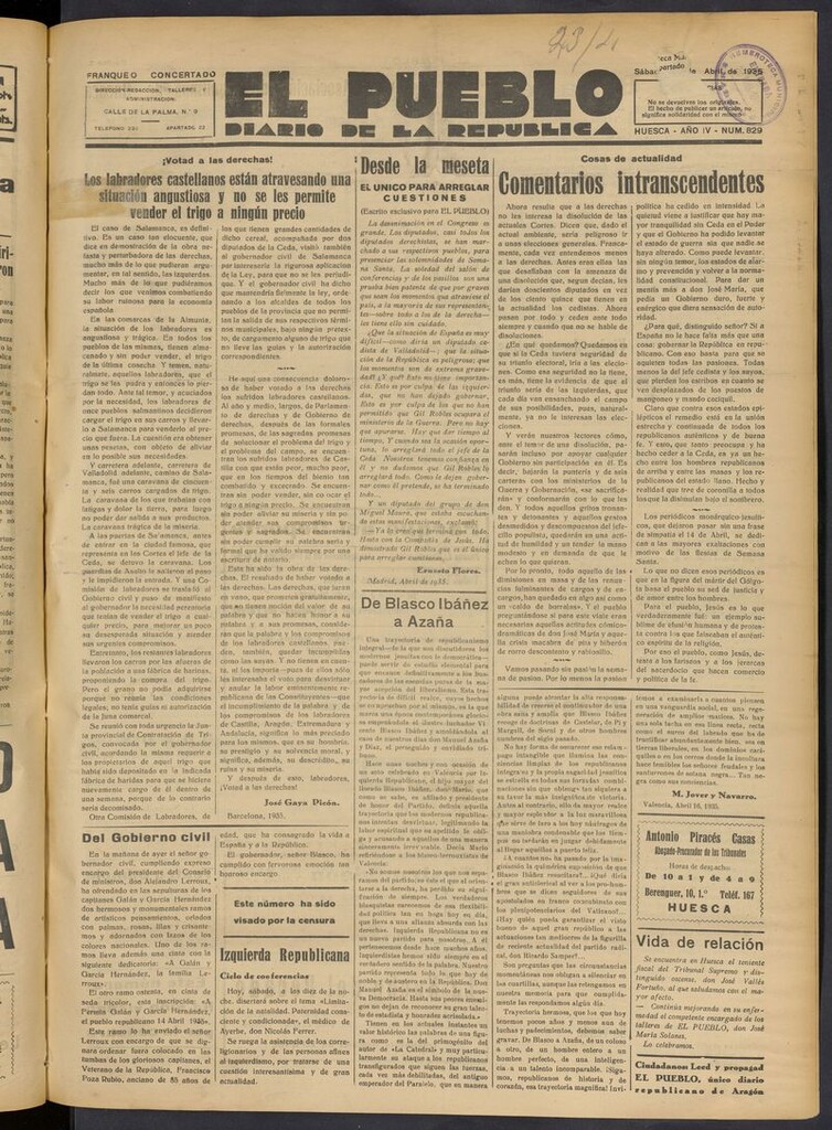 Miniatura de El Pueblo (Huesca. 1932) del 20 de abril de 1935