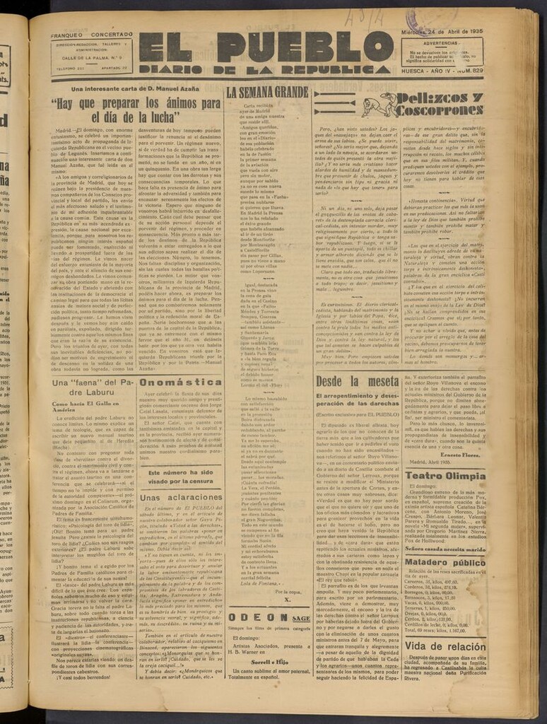 Miniatura de El Pueblo (Huesca. 1932) del 24 de abril de 1935