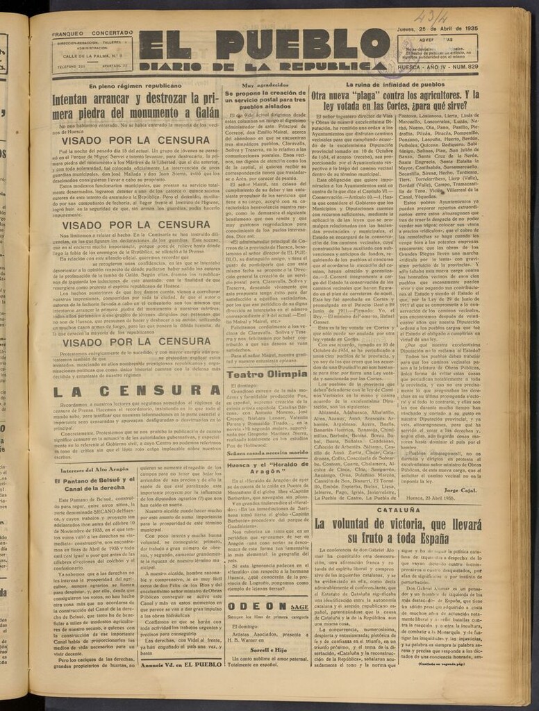 Miniatura de El Pueblo (Huesca. 1932) del 25 de abril de 1935