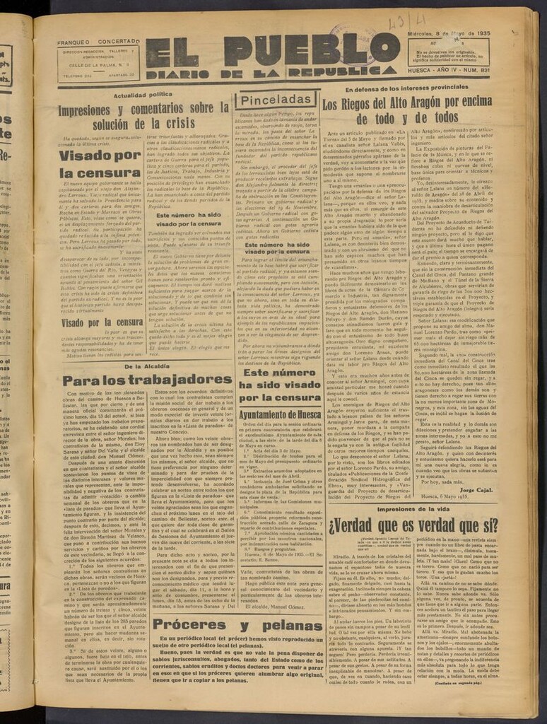 Miniatura de El Pueblo (Huesca. 1932) del 8 de mayo de 1935