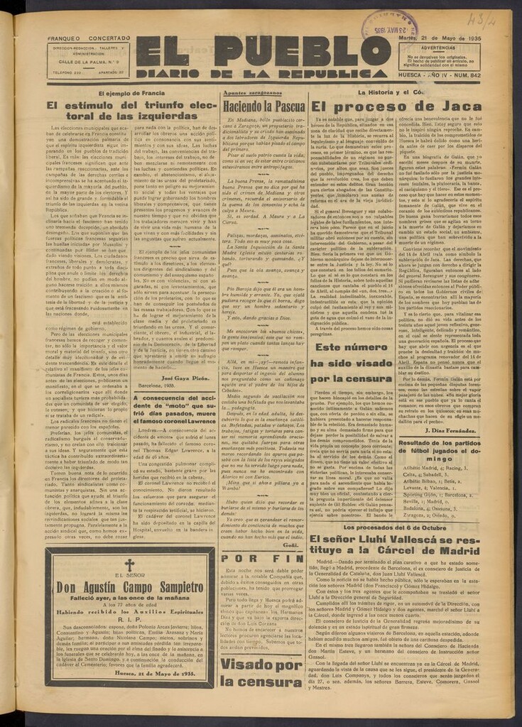 Miniatura de El Pueblo (Huesca. 1932) del 21 de mayo de 1935