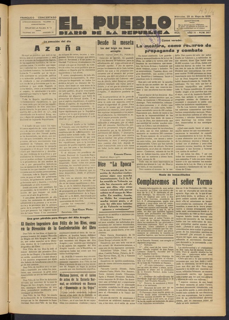 Miniatura de El Pueblo (Huesca. 1932) del 29 de mayo de 1935