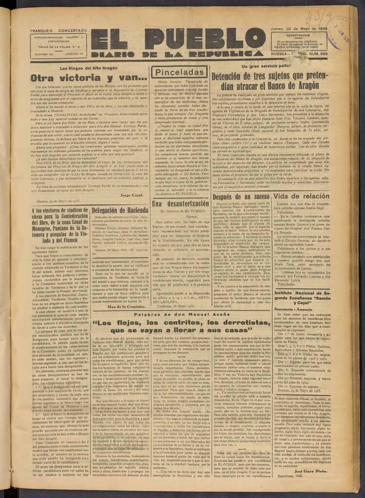 Miniatura de El Pueblo (Huesca. 1932) del 30 de mayo de 1935