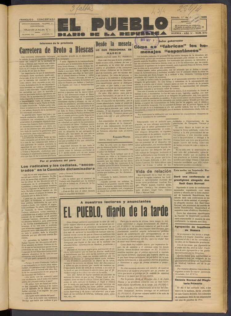 Miniatura de El Pueblo (Huesca. 1932) del 1 de junio de 1935