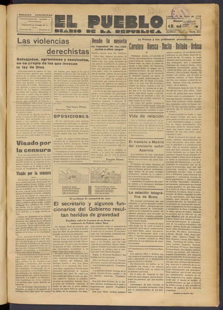 Miniatura de El Pueblo (Huesca. 1932) del 17 de junio de 1935