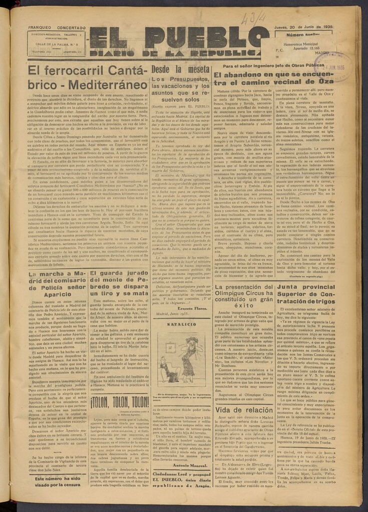 Miniatura de El Pueblo (Huesca. 1932) del 20 de junio de 1935