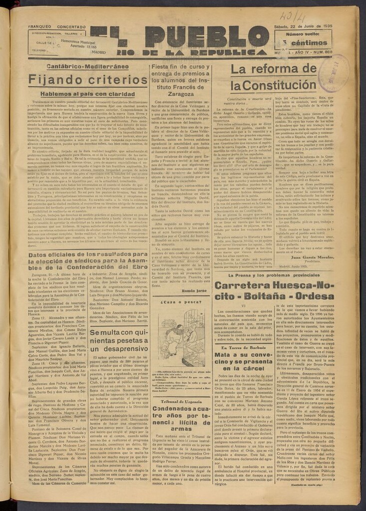 Miniatura de El Pueblo (Huesca. 1932) del 22 de junio de 1935