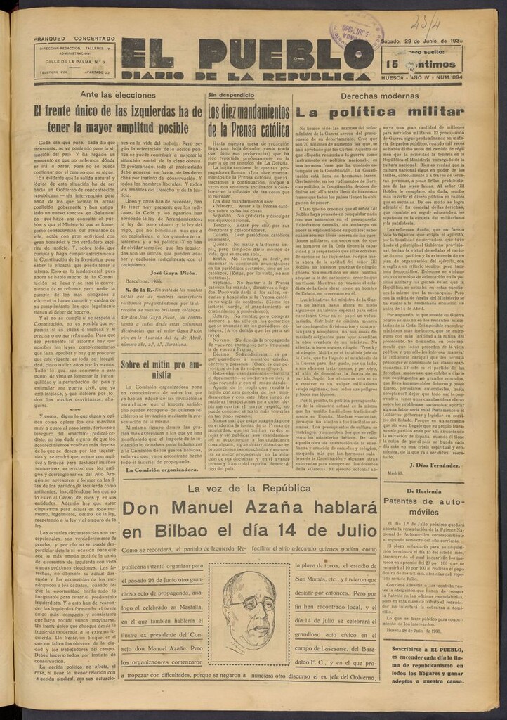 Miniatura de El Pueblo (Huesca. 1932) del 29 de junio de 1935