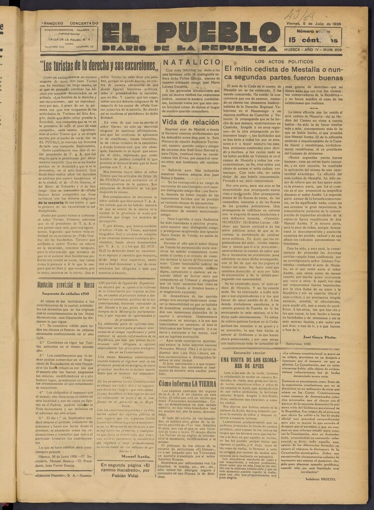 Miniatura de El Pueblo (Huesca. 1932) del 5 de julio de 1935