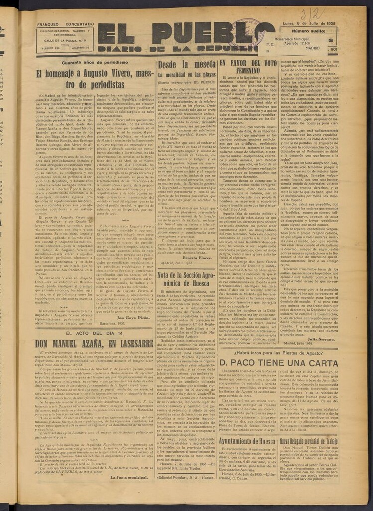 Miniatura de El Pueblo (Huesca. 1932) del 8 de julio de 1935