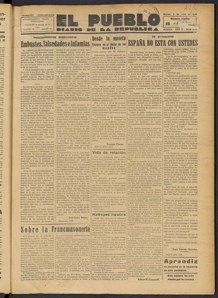Miniatura de El Pueblo (Huesca. 1932) del 9 de julio de 1935
