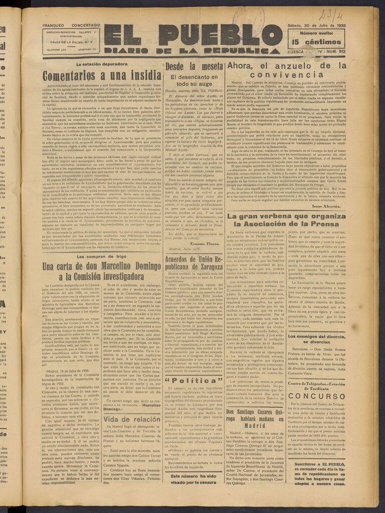 Miniatura de El Pueblo (Huesca. 1932) del 20 de julio de 1935