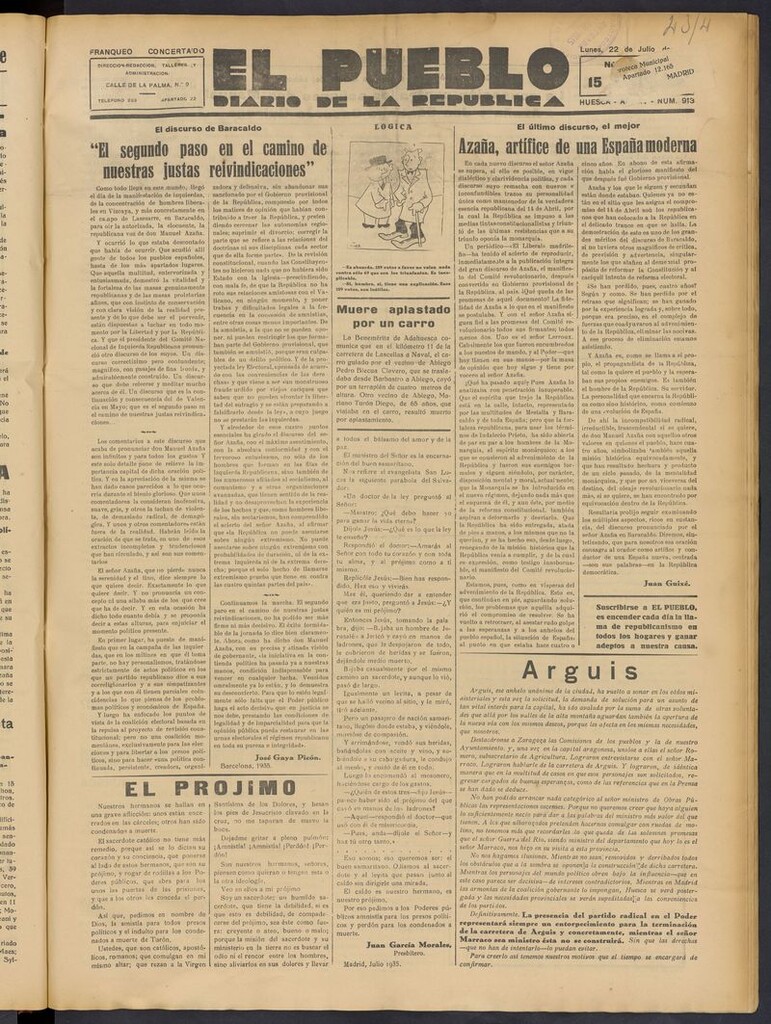 Miniatura de El Pueblo (Huesca. 1932) del 22 de julio de 1935