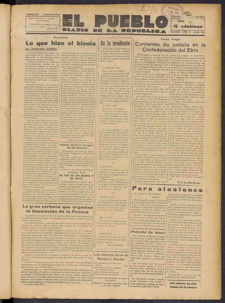 Miniatura de El Pueblo (Huesca. 1932) del 24 de julio de 1935