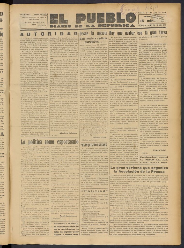 Miniatura de El Pueblo (Huesca. 1932) del 27 de julio de 1935