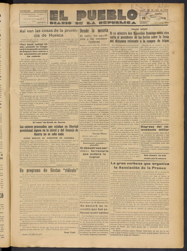 Miniatura de El Pueblo (Huesca. 1932) del 29 de julio de 1935