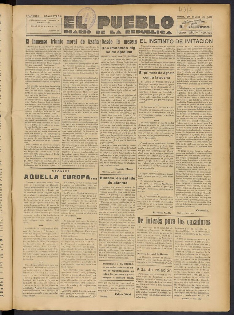 Miniatura de El Pueblo (Huesca. 1932) del 30 de julio de 1935