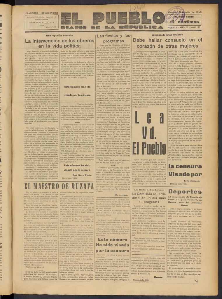 Miniatura de El Pueblo (Huesca. 1932) del 31 de julio de 1935