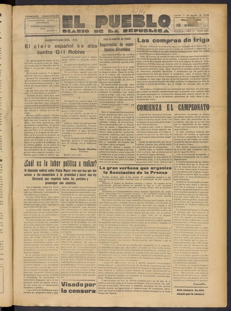 Miniatura de El Pueblo (Huesca. 1932) del 1 de agosto de 1935