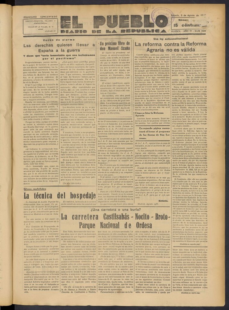 Miniatura de El Pueblo (Huesca. 1932) del 3 de agosto de 1935