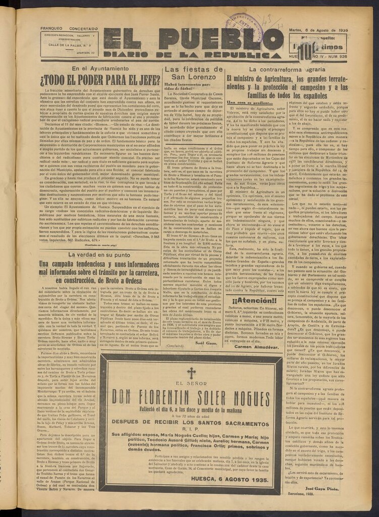 Miniatura de El Pueblo (Huesca. 1932) del 6 de agosto de 1935