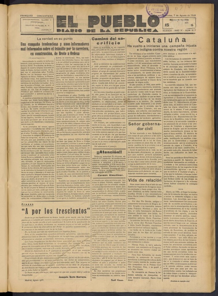 Miniatura de El Pueblo (Huesca. 1932) del 7 de agosto de 1935
