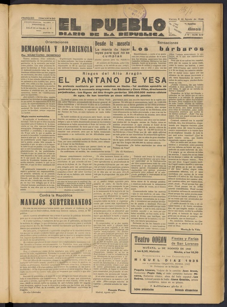 Miniatura de El Pueblo (Huesca. 1932) del 9 de agosto de 1935