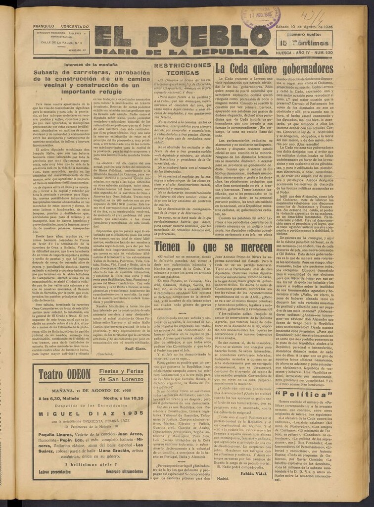 Miniatura de El Pueblo (Huesca. 1932) del 10 de agosto de 1935