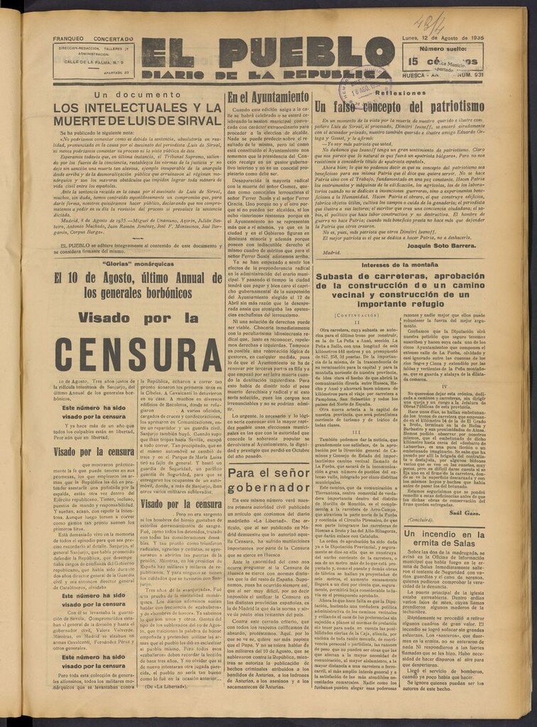 Miniatura de El Pueblo (Huesca. 1932) del 12 de agosto de 1935