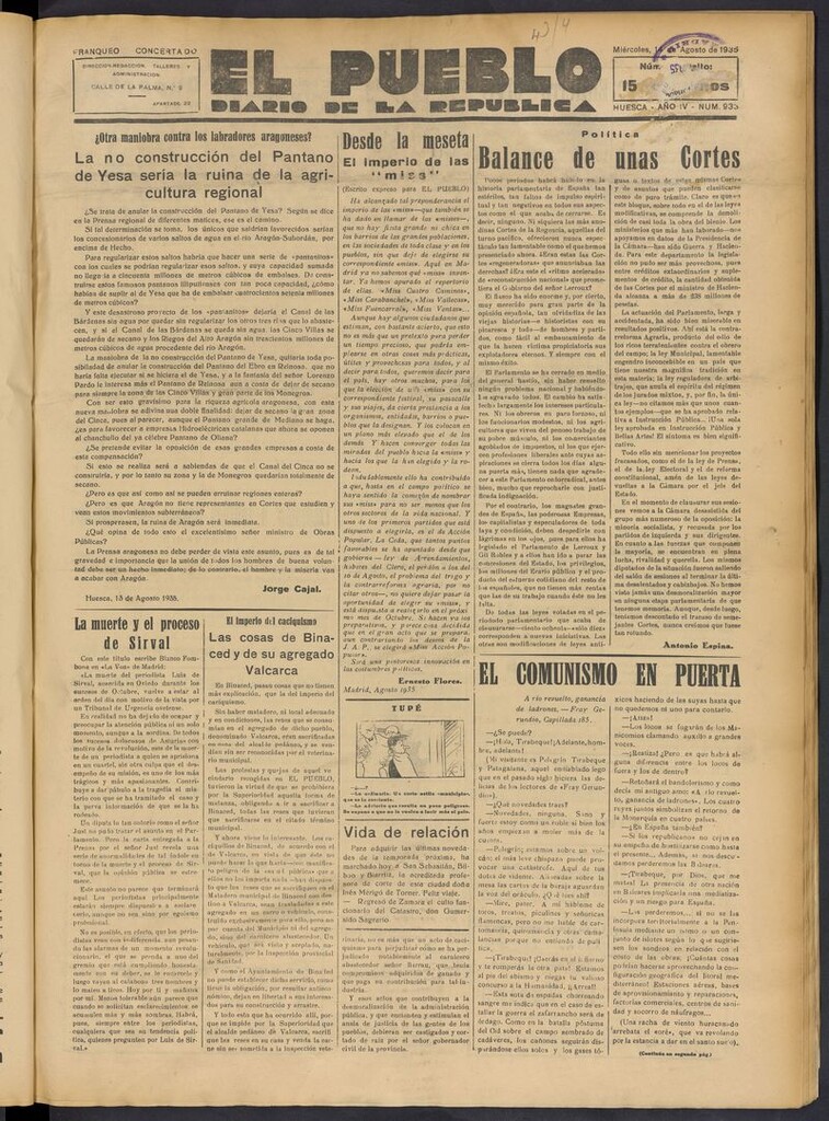 Miniatura de El Pueblo (Huesca. 1932) del 14 de agosto de 1935