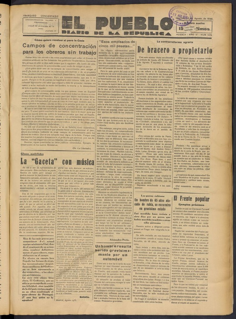 Miniatura de El Pueblo (Huesca. 1932) del 16 de agosto de 1935