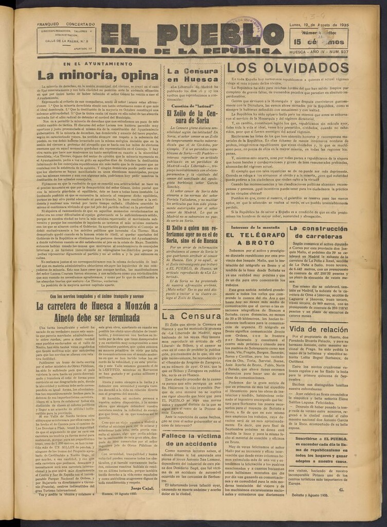Miniatura de El Pueblo (Huesca. 1932) del 19 de agosto de 1935