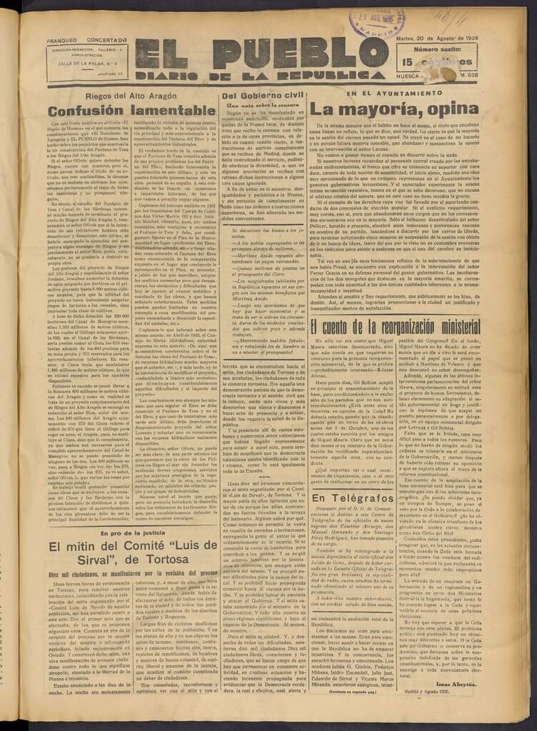 Miniatura de El Pueblo (Huesca. 1932) del 20 de agosto de 1935