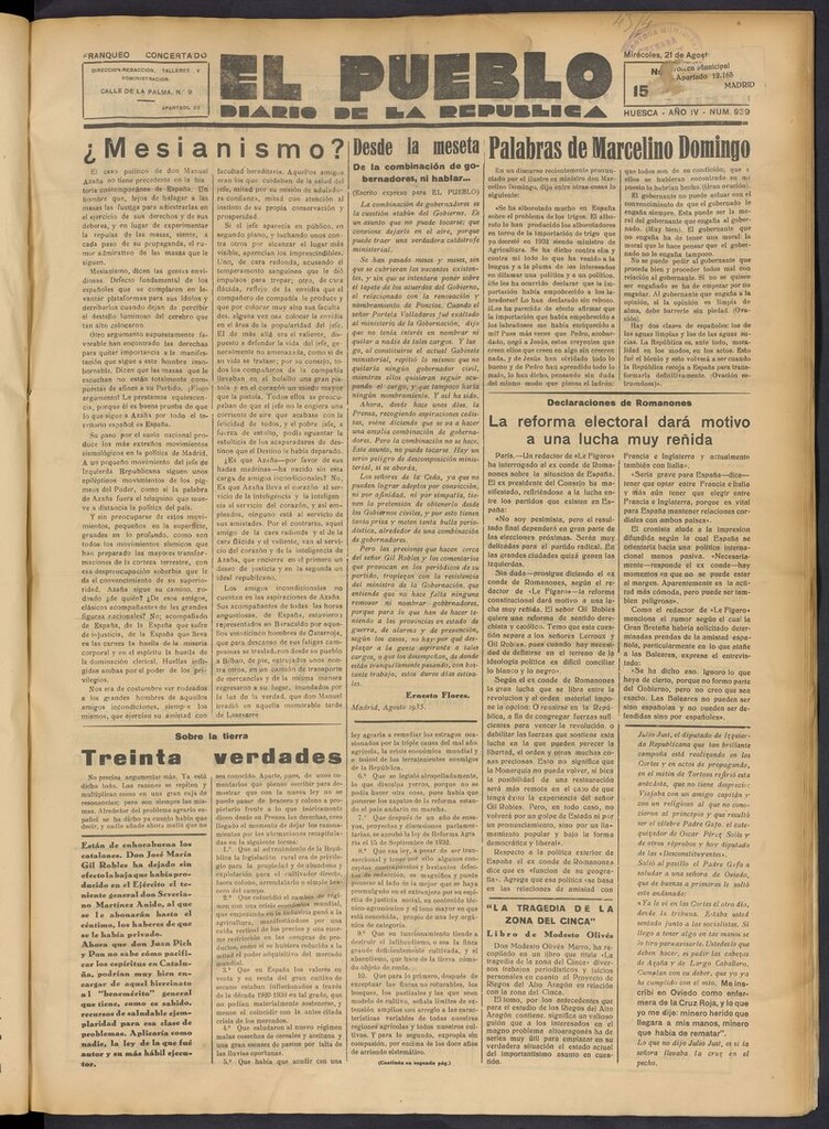 Miniatura de El Pueblo (Huesca. 1932) del 21 de agosto de 1935