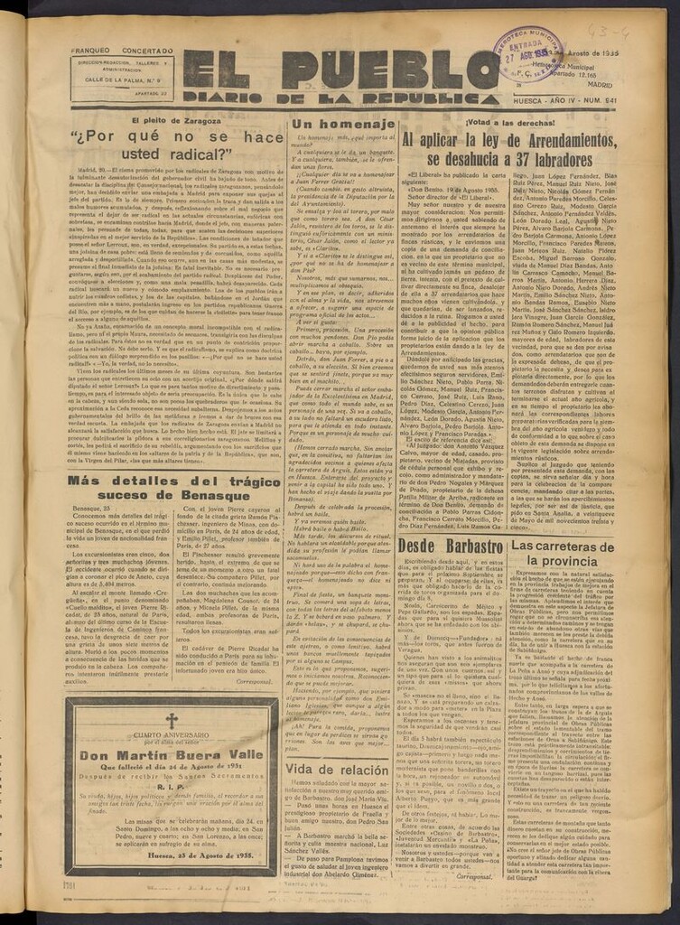 Miniatura de El Pueblo (Huesca. 1932) del 23 de agosto de 1935