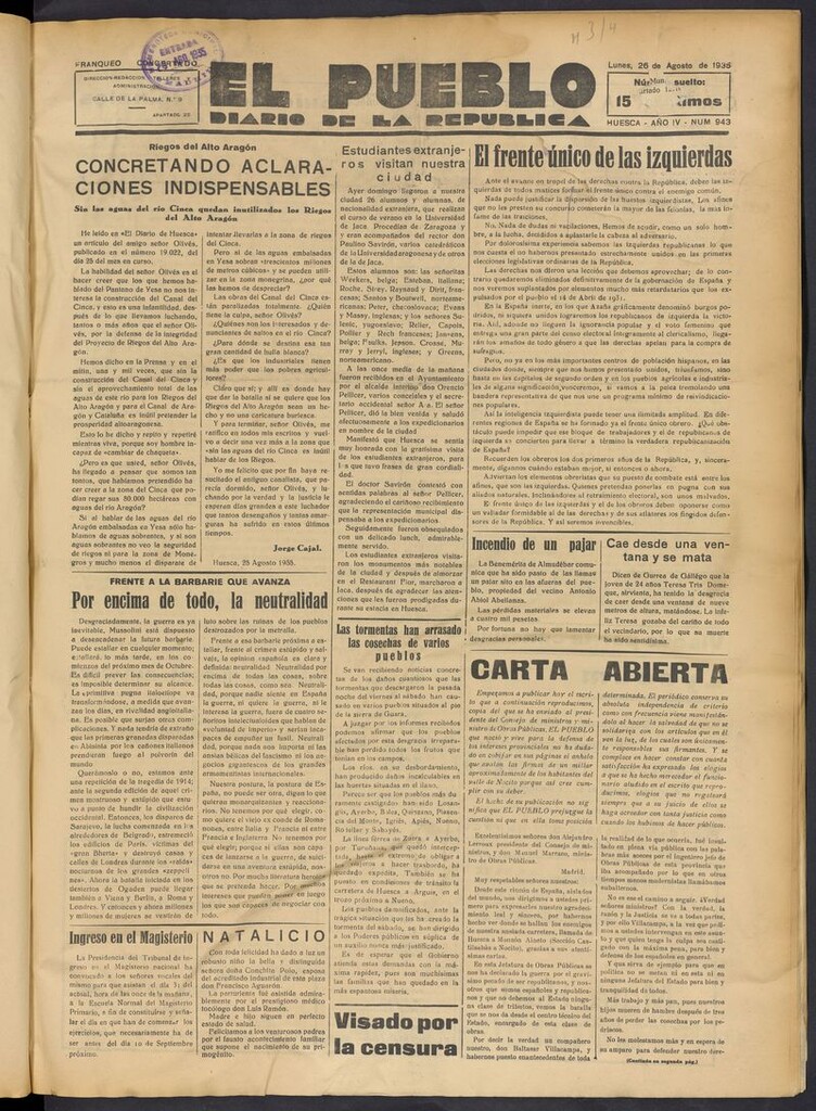 Miniatura de El Pueblo (Huesca. 1932) del 26 de agosto de 1935