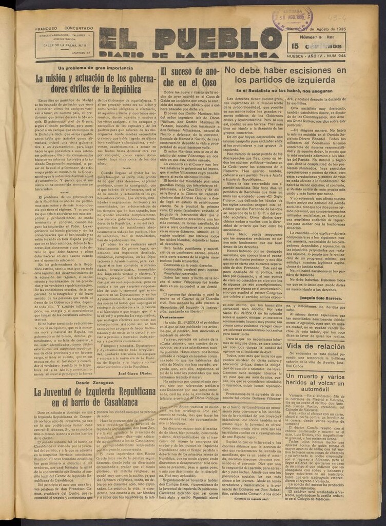 Miniatura de El Pueblo (Huesca. 1932) del 27 de agosto de 1935