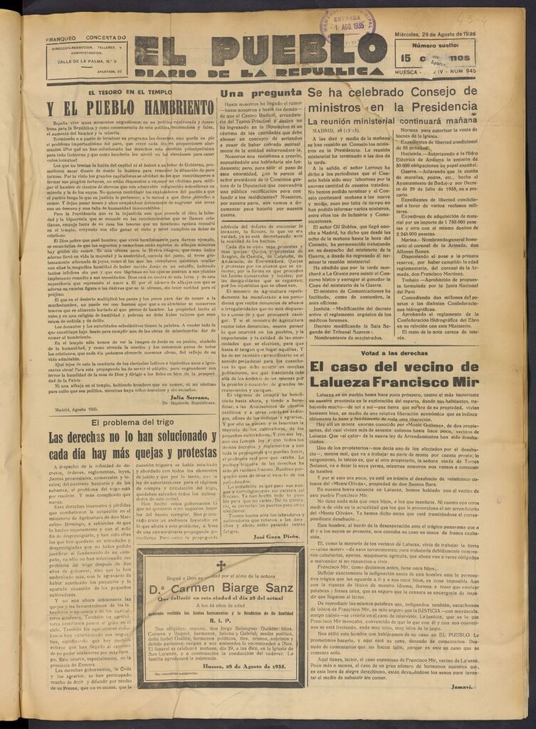 Miniatura de El Pueblo (Huesca. 1932) del 28 de agosto de 1935