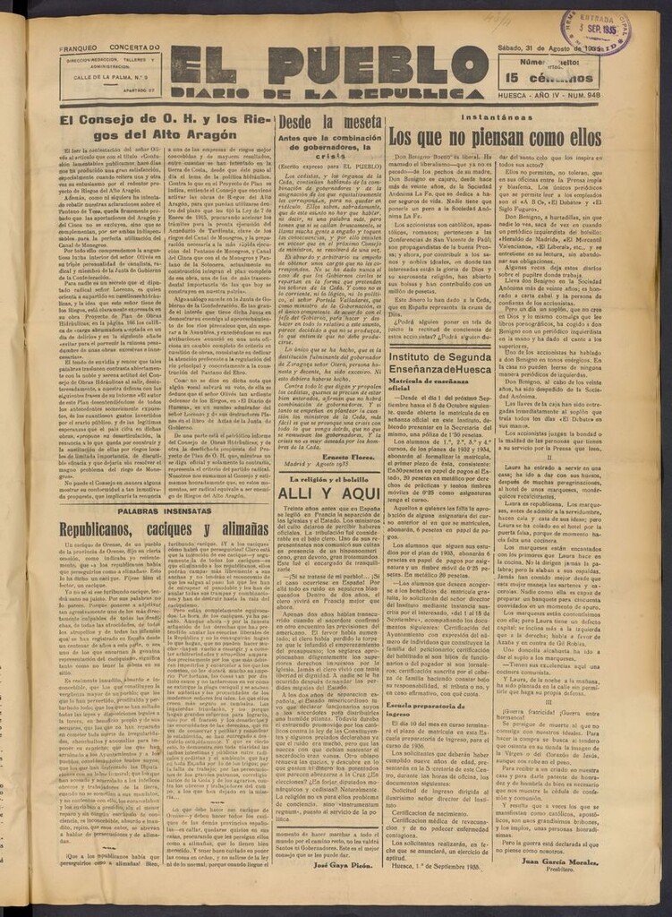 Miniatura de El Pueblo (Huesca. 1932) del 31 de agosto de 1935