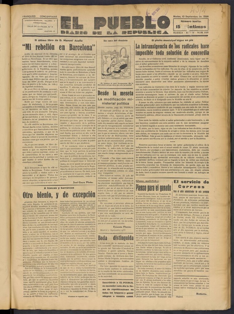 Miniatura de El Pueblo (Huesca. 1932) del 10 de septiembre de 1935