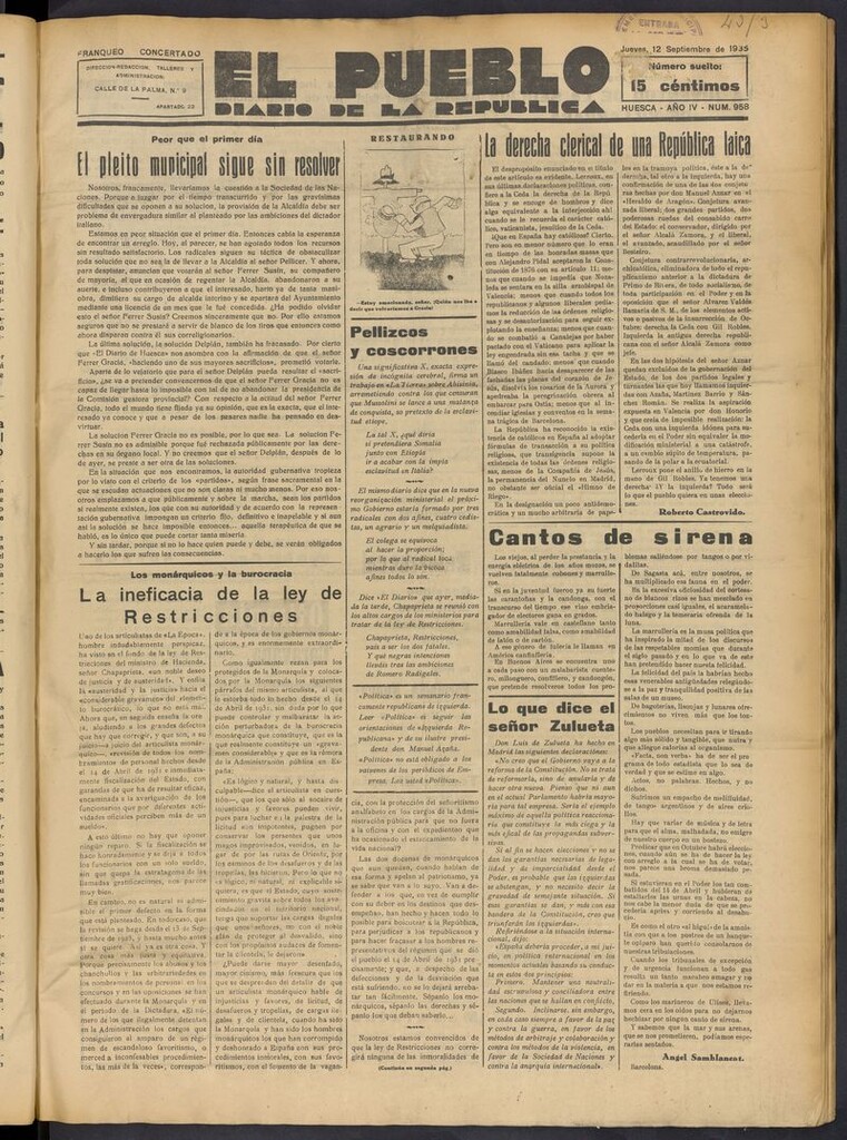 Miniatura de El Pueblo (Huesca. 1932) del 12 de septiembre de 1935