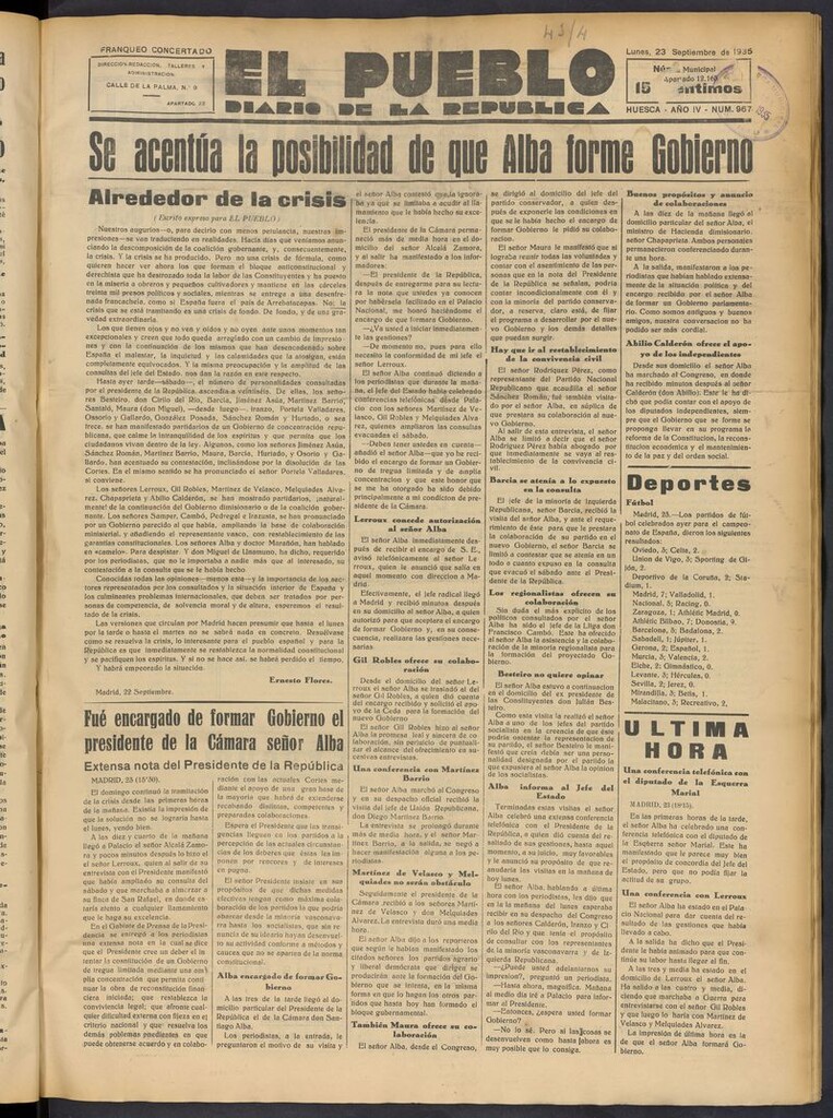 Miniatura de El Pueblo (Huesca. 1932) del 23 de septiembre de 1935