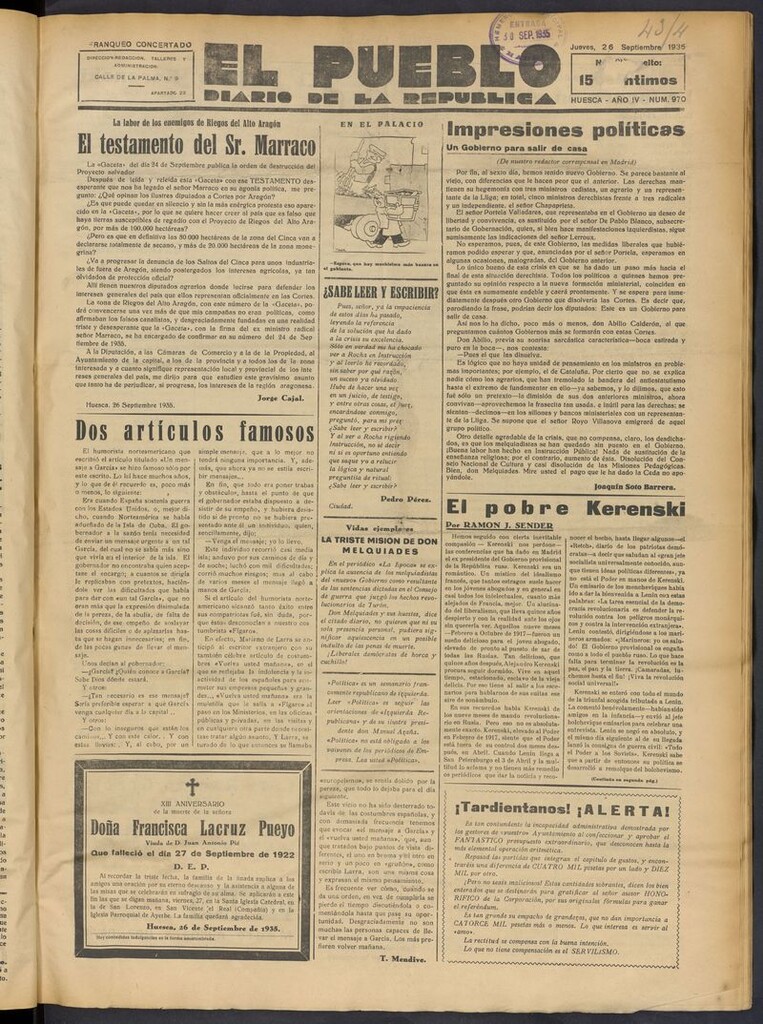 Miniatura de El Pueblo (Huesca. 1932) del 26 de septiembre de 1935