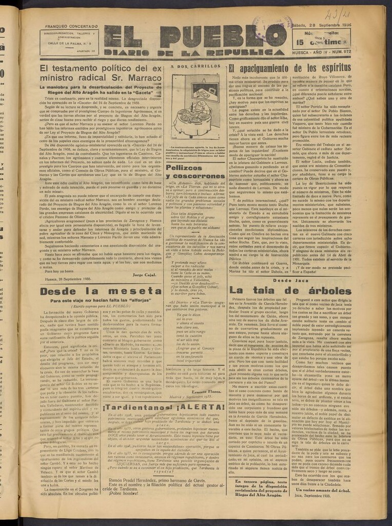 Miniatura de El Pueblo (Huesca. 1932) del 28 de septiembre de 1935
